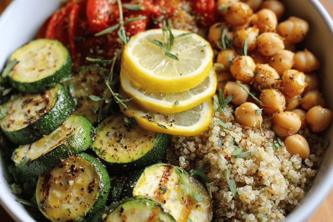 Lemony Grilled Zucchini & Crispy Chickpeas Over Tzatziki