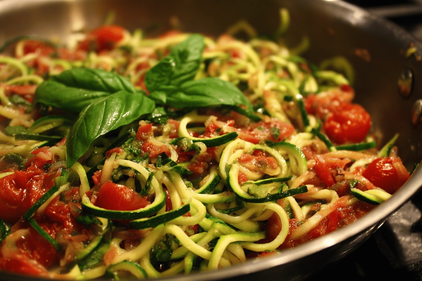 Raw Spiralized Zucchini Noodles with Tomatoes and Pesto