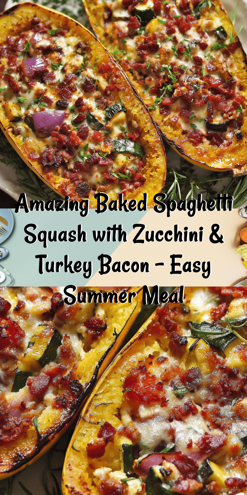 Baked Spaghetti Squash with Zucchini, Corn, and turkey Bacon
