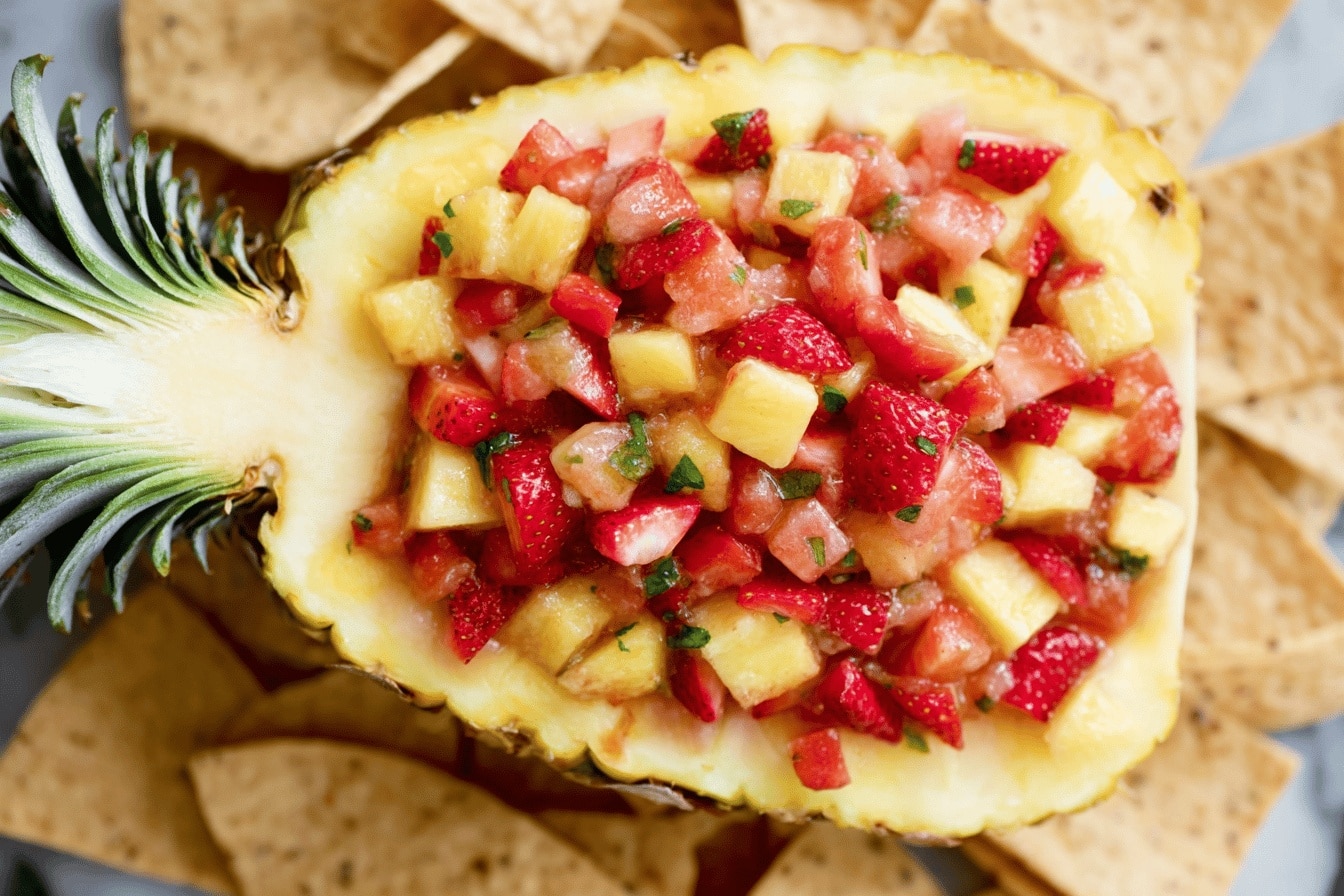 Strawberry Pineapple Fruit Salsa with Cinnamon Tortilla Chips